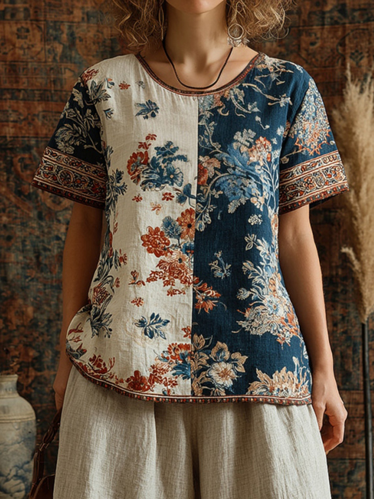 Women's Retro Floral Pattern Color Block Top