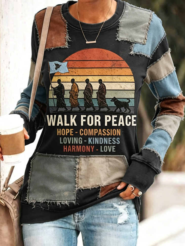Walk For Peace In Patchwork Art Embroidered Casual Sweatshirt