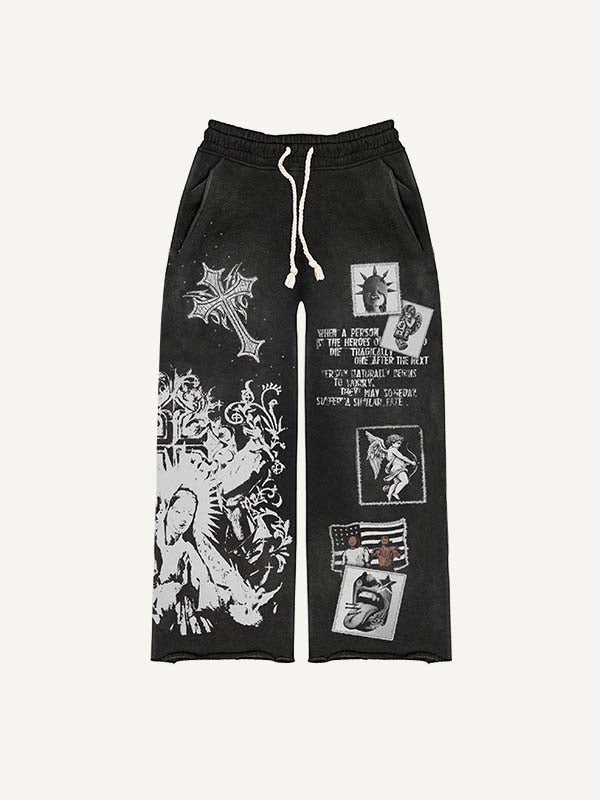 Mary Pray&Cross&Letter&Pigeon Print Elastic Waist Pants