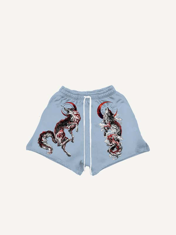 Wolf&Moon&Graphic Print Drawstring Waist Shorts