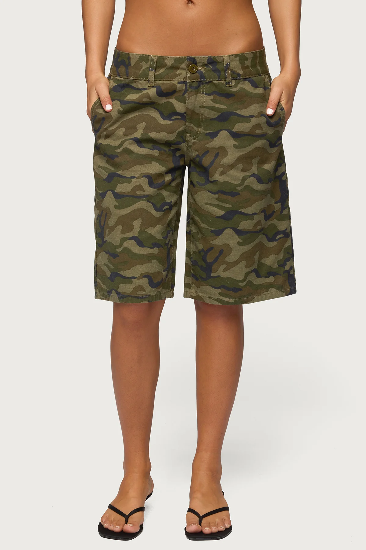 Camo Denim Low Rise Bermuda Shorts