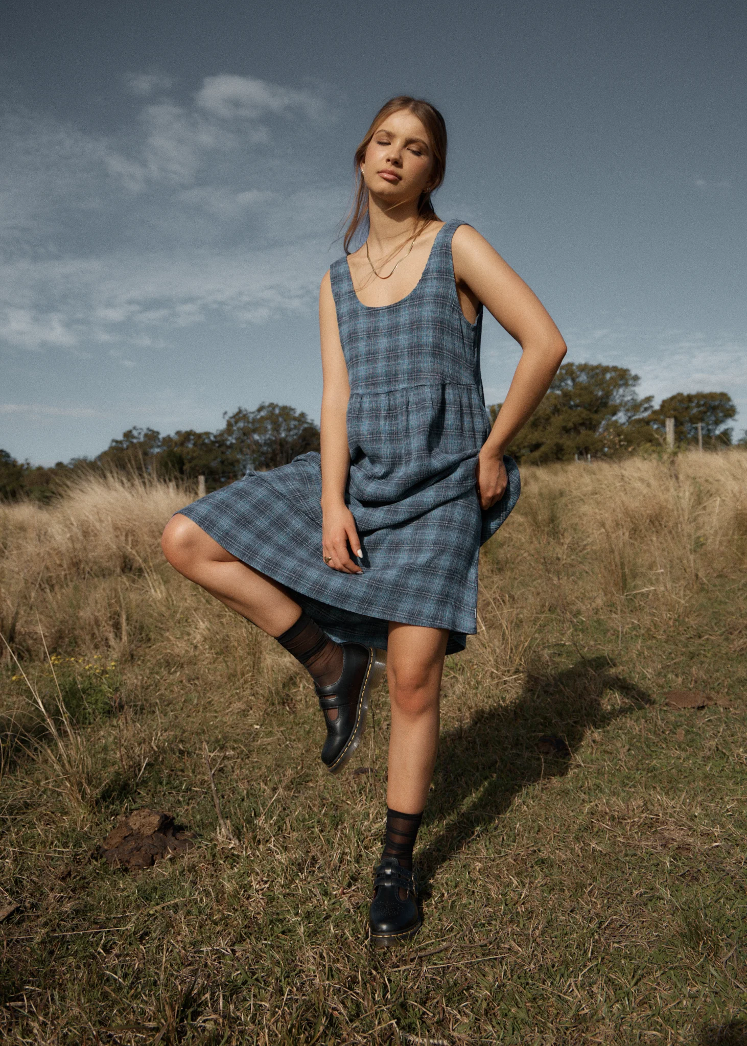 AFENDS Womens Position - Seersucker Midi Dress - Navy Check