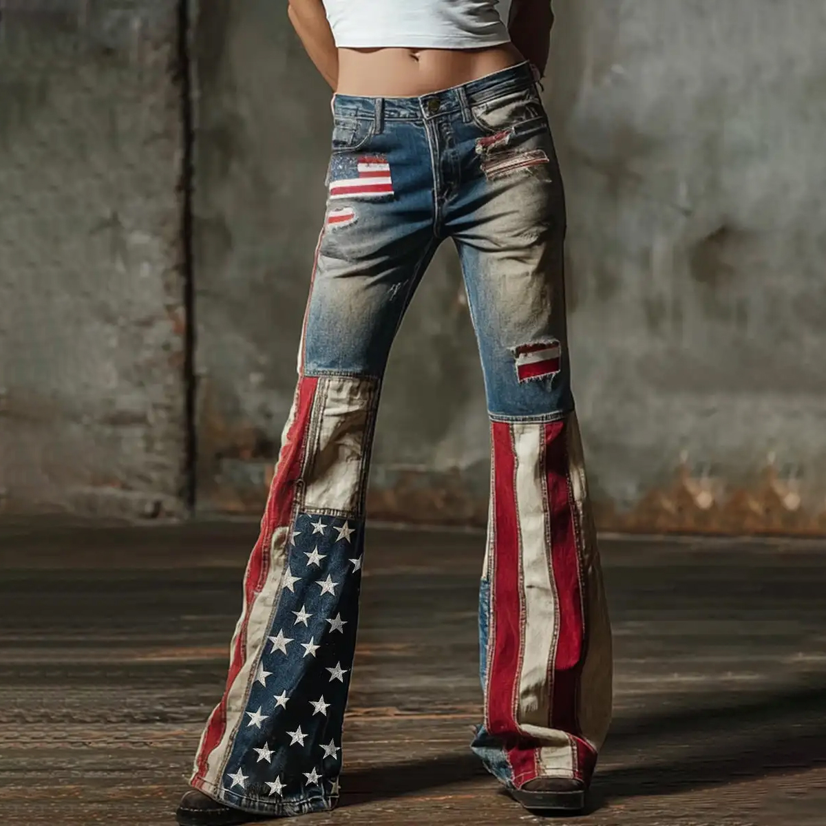 Women's American Flag Inspired Print Vintage Washed Jeans