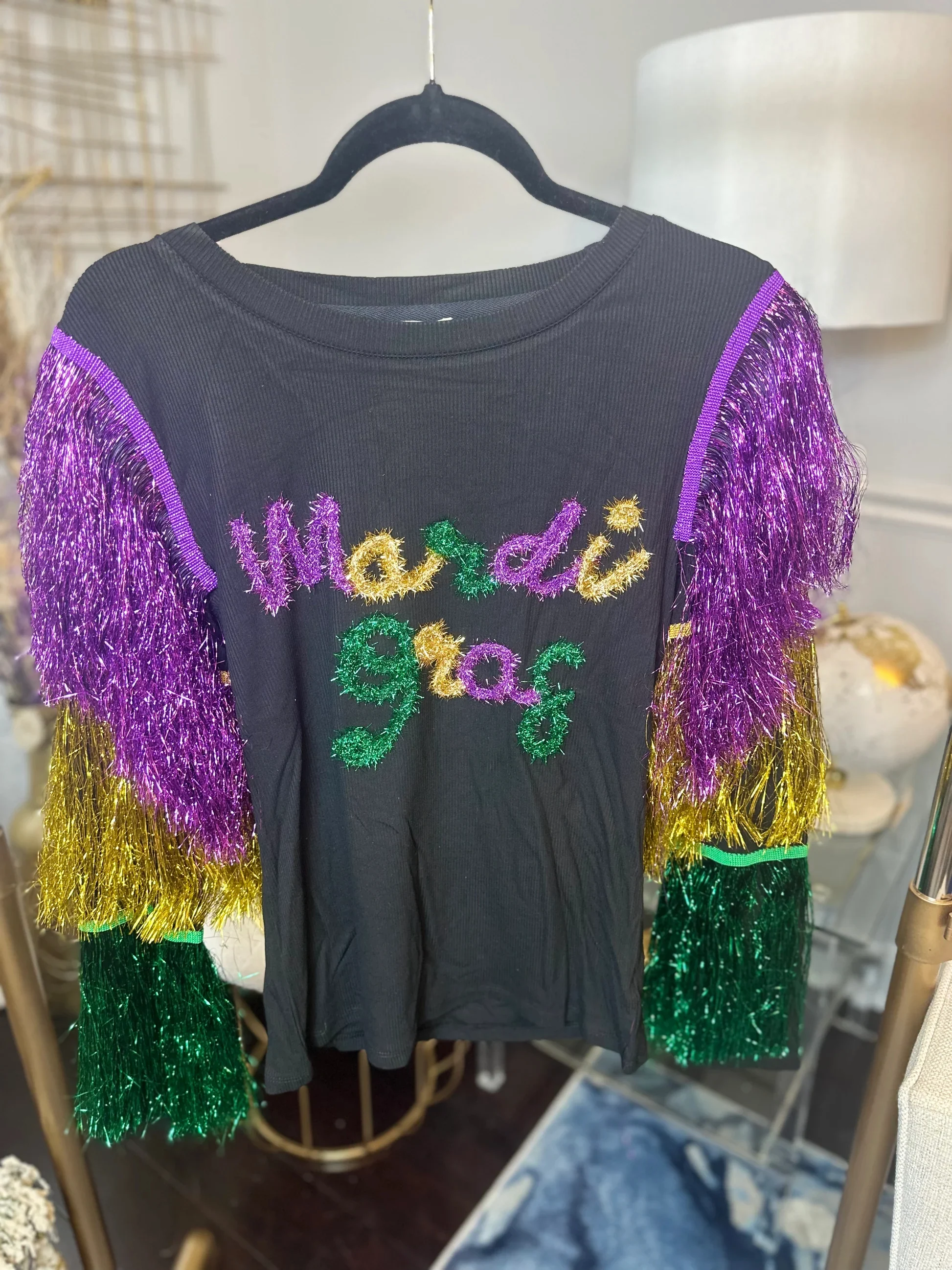 Women's Retro Mardi Gras Sparkling Fringed Letter Top