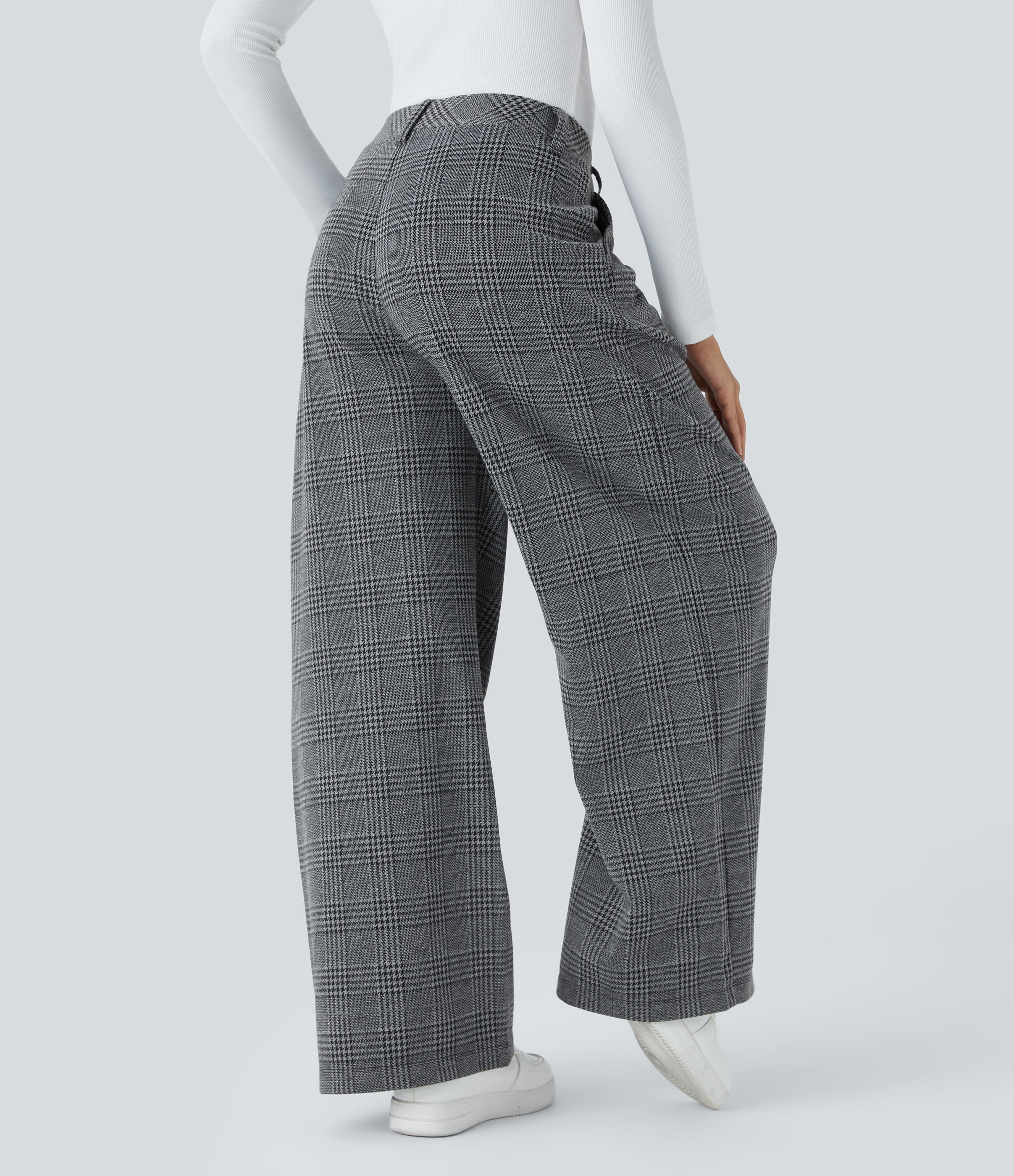 High Waisted Pocket Wide Leg Houndstooth Plaid Casual Pants