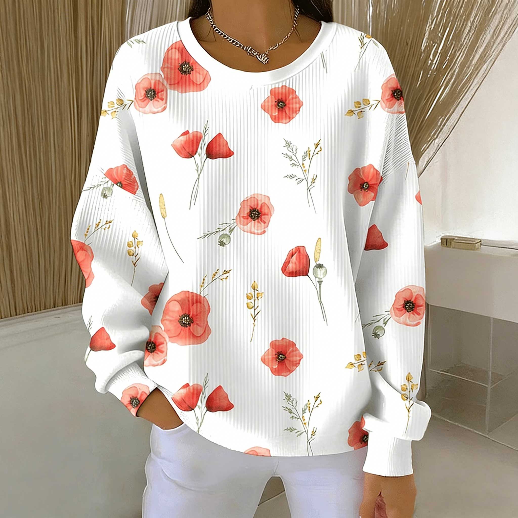 Women's  Red Poppy Print Round Neck Sweatshirt