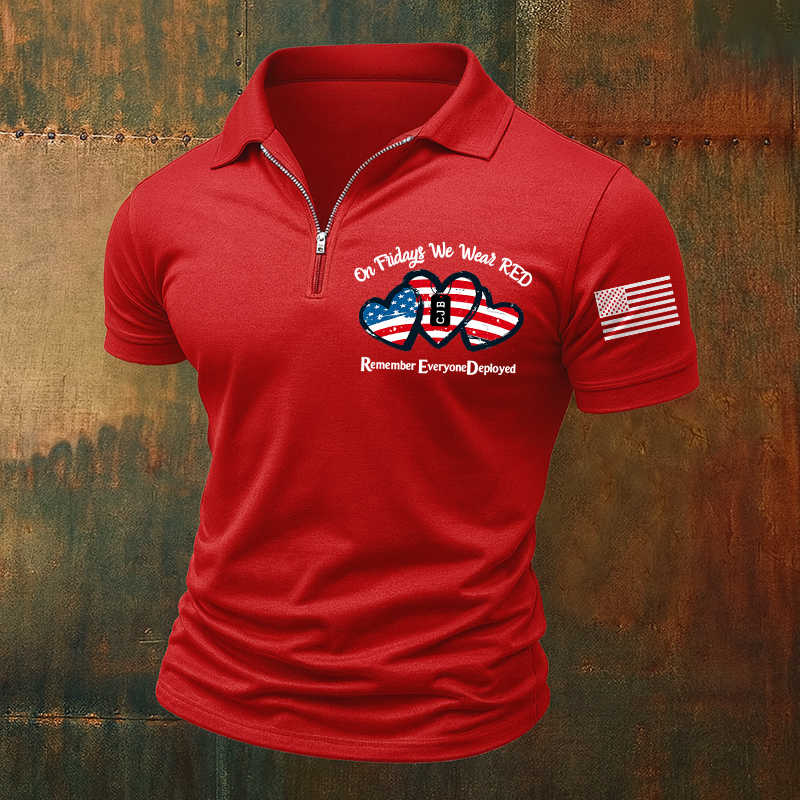 Men's Veteran Red Friday Print Casual Polo T-shirt