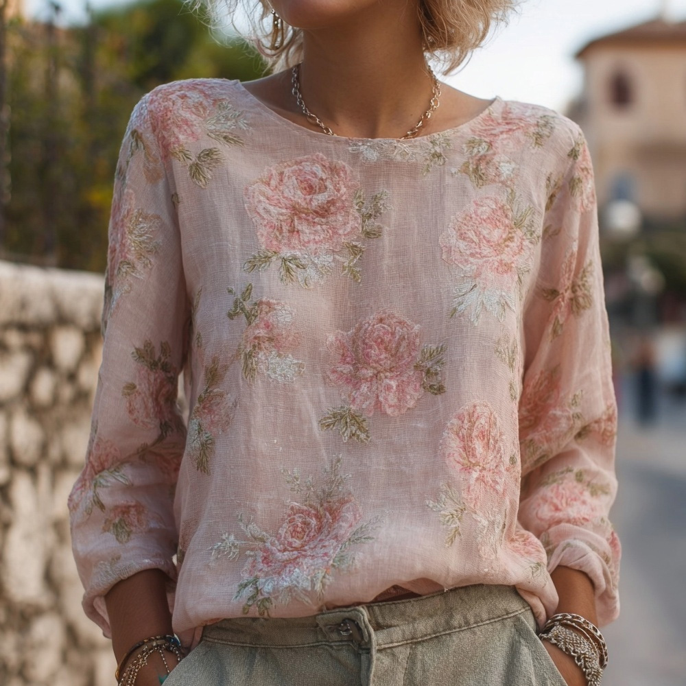Elegant Boho Roses Pattern Round Neck Cozy Linen Tunic
