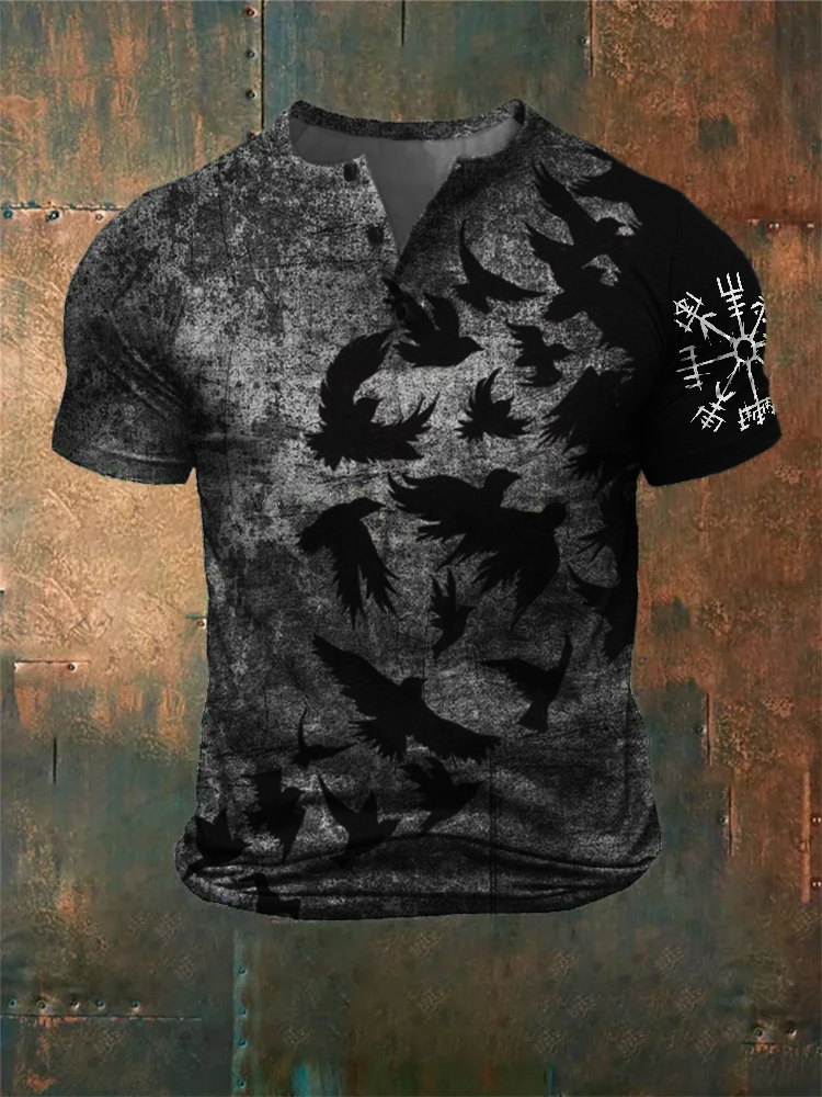 Men's Viking Vegvisir Ravens Distressed Henley Shirt