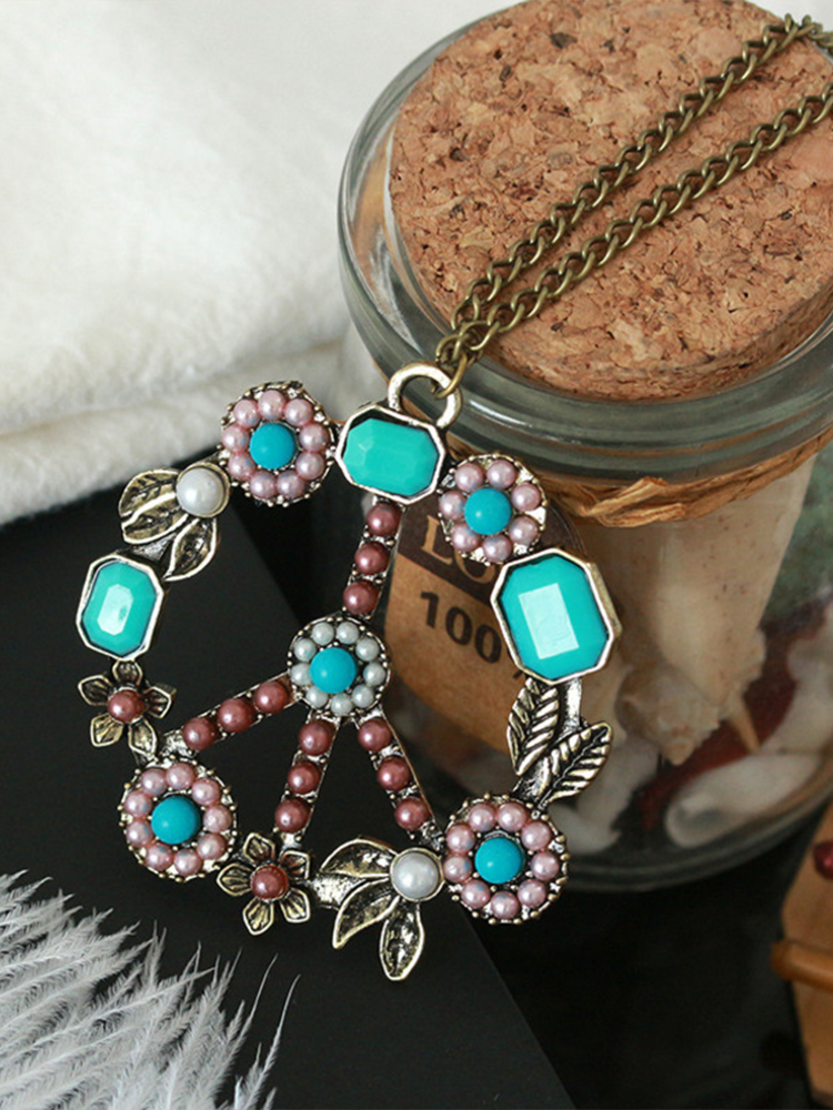 Retro Bohemian Style Flower Pearl Peace Sign Necklace