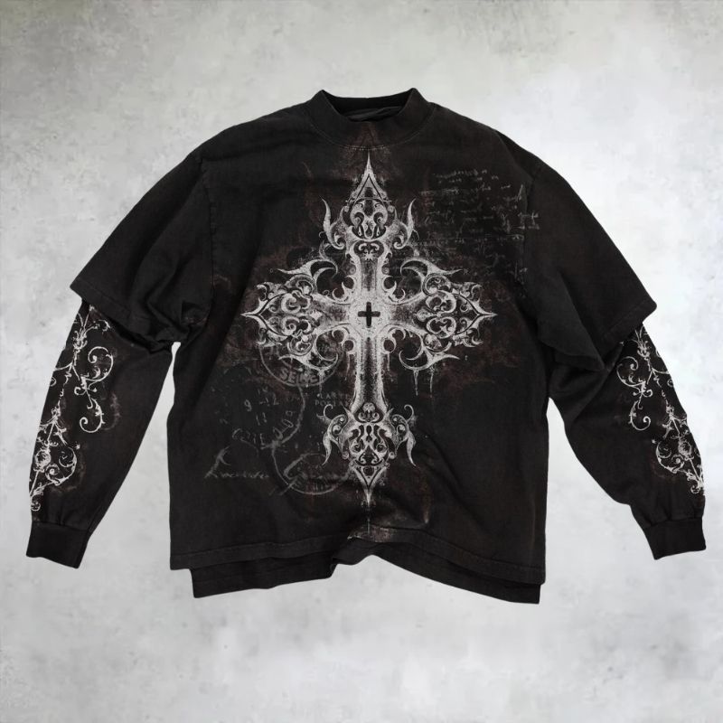 Gothic Ornate Cross Layered Long Sleeve T-Shirt