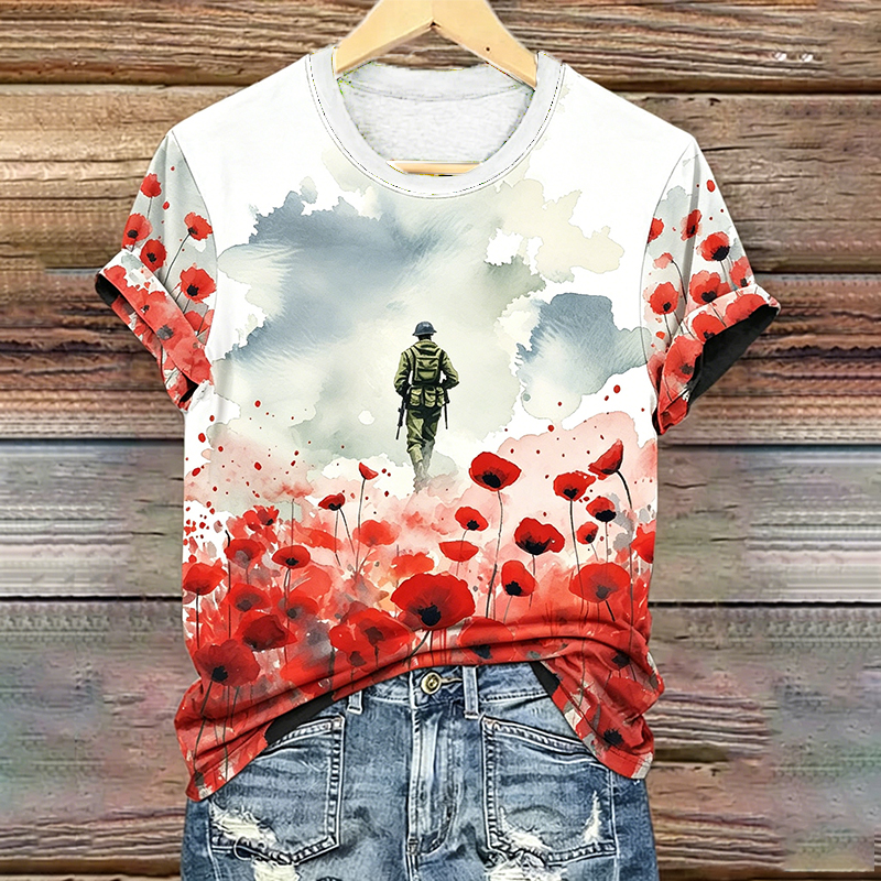 Unisex Memorial Day Remember and Honor Poppy Art Printed T-Shirt