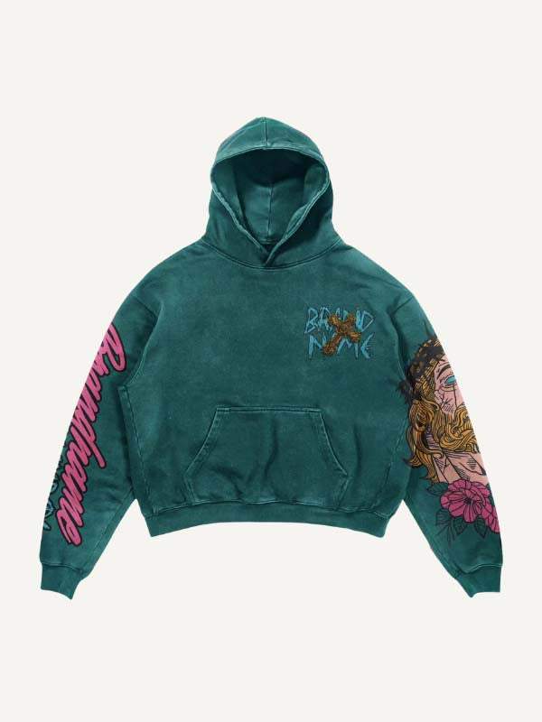 Figure&Letter&Cross Print Slant Pockets Hoodie