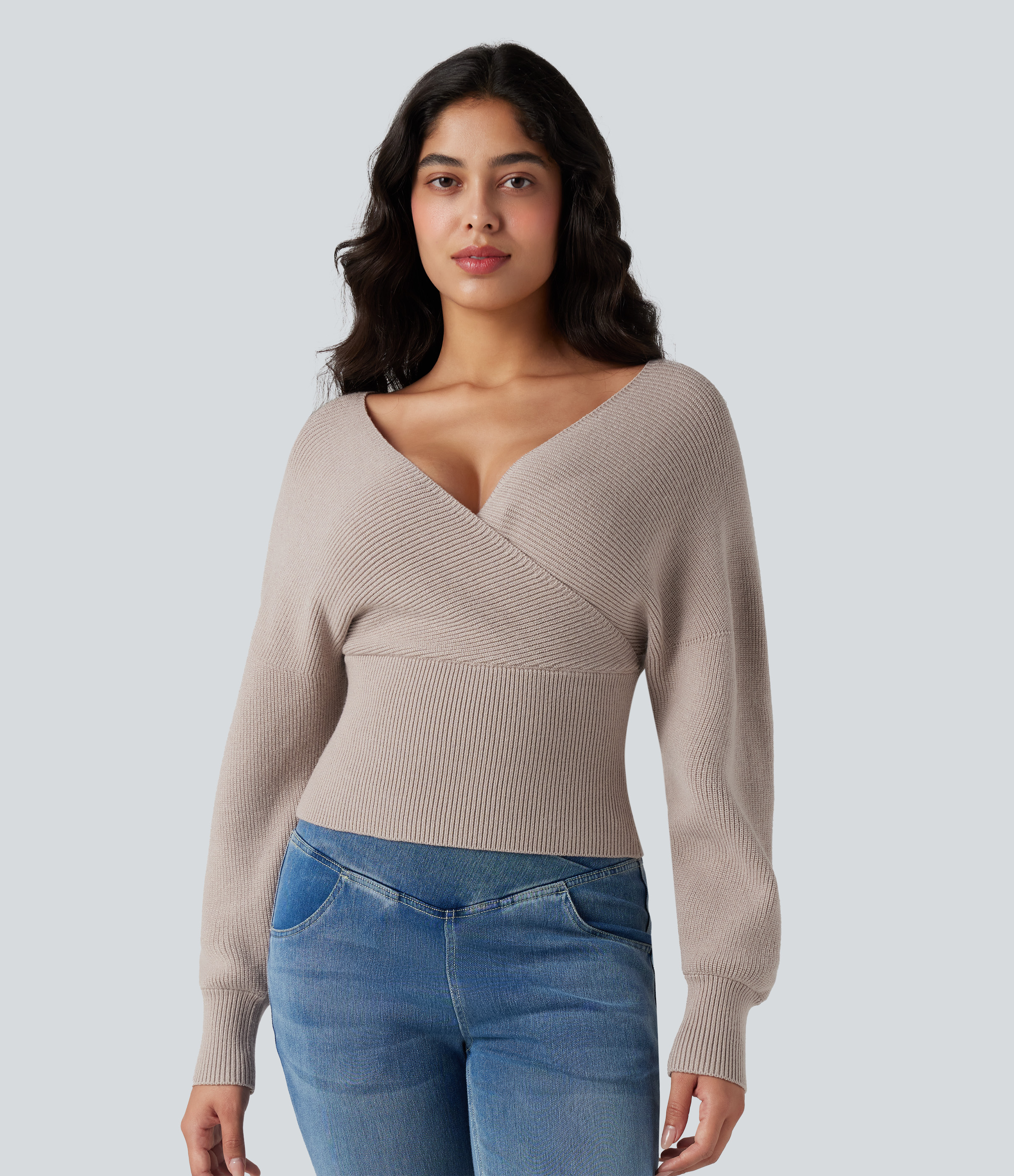 V-neck Batwing Long Sleeve Cut-out Casual Sweater