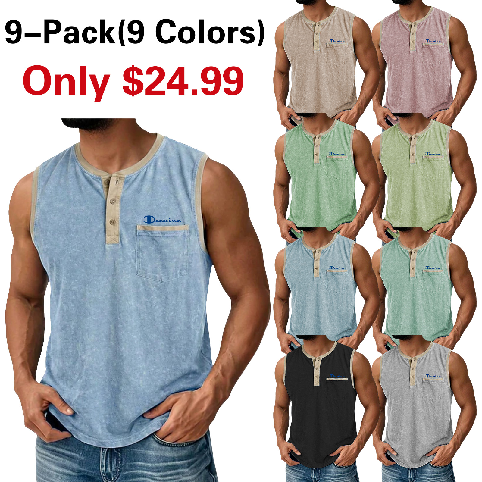 Men's Tank Top Vest Top 100% Cotton Acid Wash Shirt Sleeveless Round Neck Henley Summer Spring Plain Fashion Casual Color Block Garment Dyed Faded Casual Vacation Street Light Green Purple Light Blue