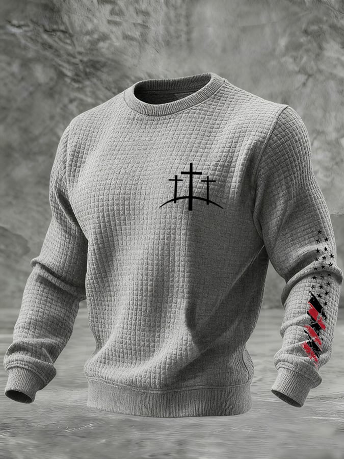 Men's Retro Faith Print Check Crew Neck Sweatshirt