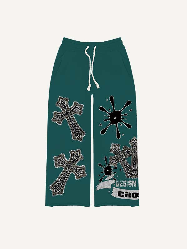 Cross&Graphic Faux Decal Print Elastic Waist Pants