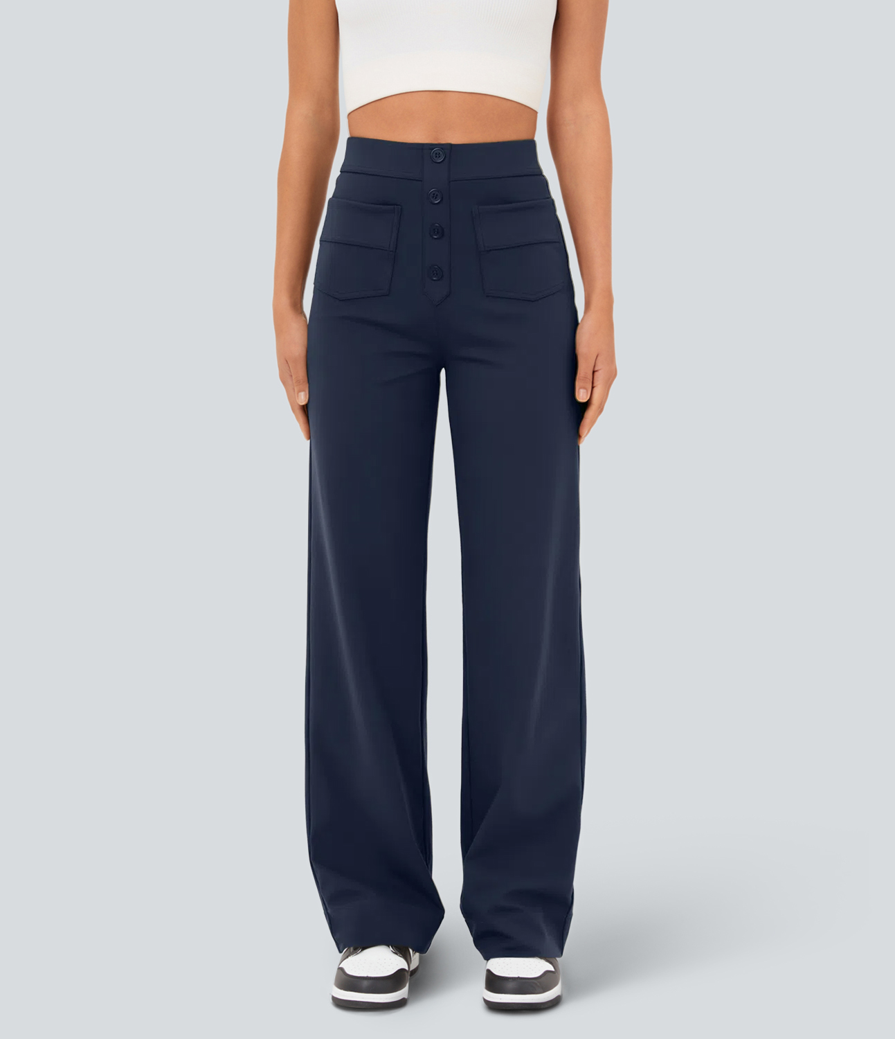 High Waisted Pockets Straight Leg Casual Pants