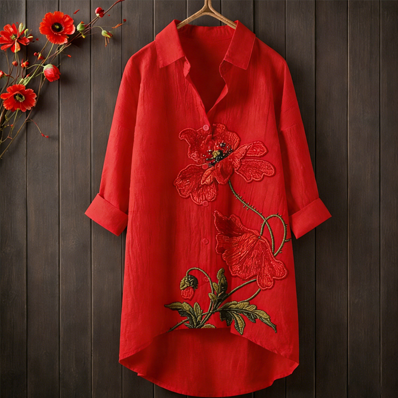 Women's Memorial Day Poppy Art Printed Casual Longline Shirt