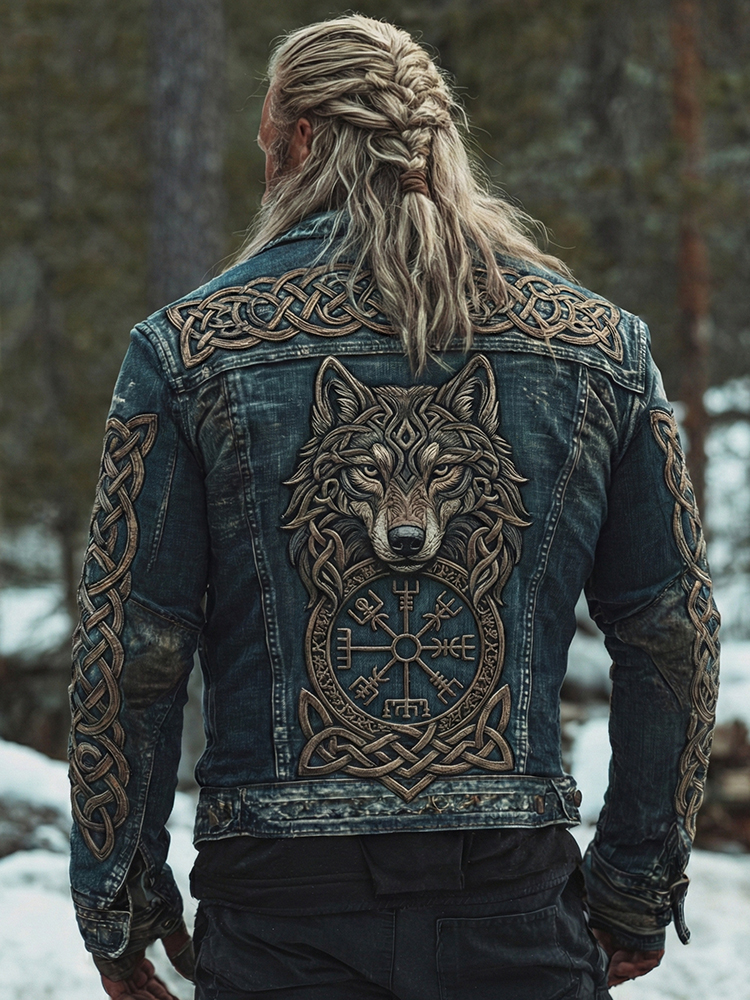 Men's Vintage Viking Celtic Wolf Art Washed Denim Jacket