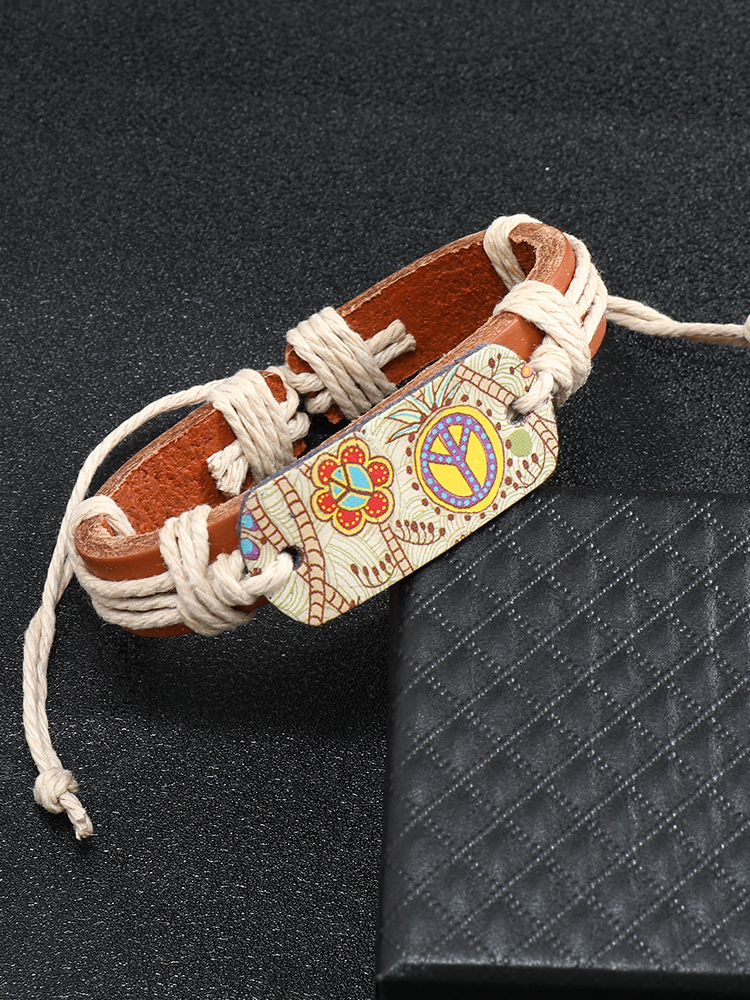 Retro Ethnic Style Peace Sign Cowhide Bracelet