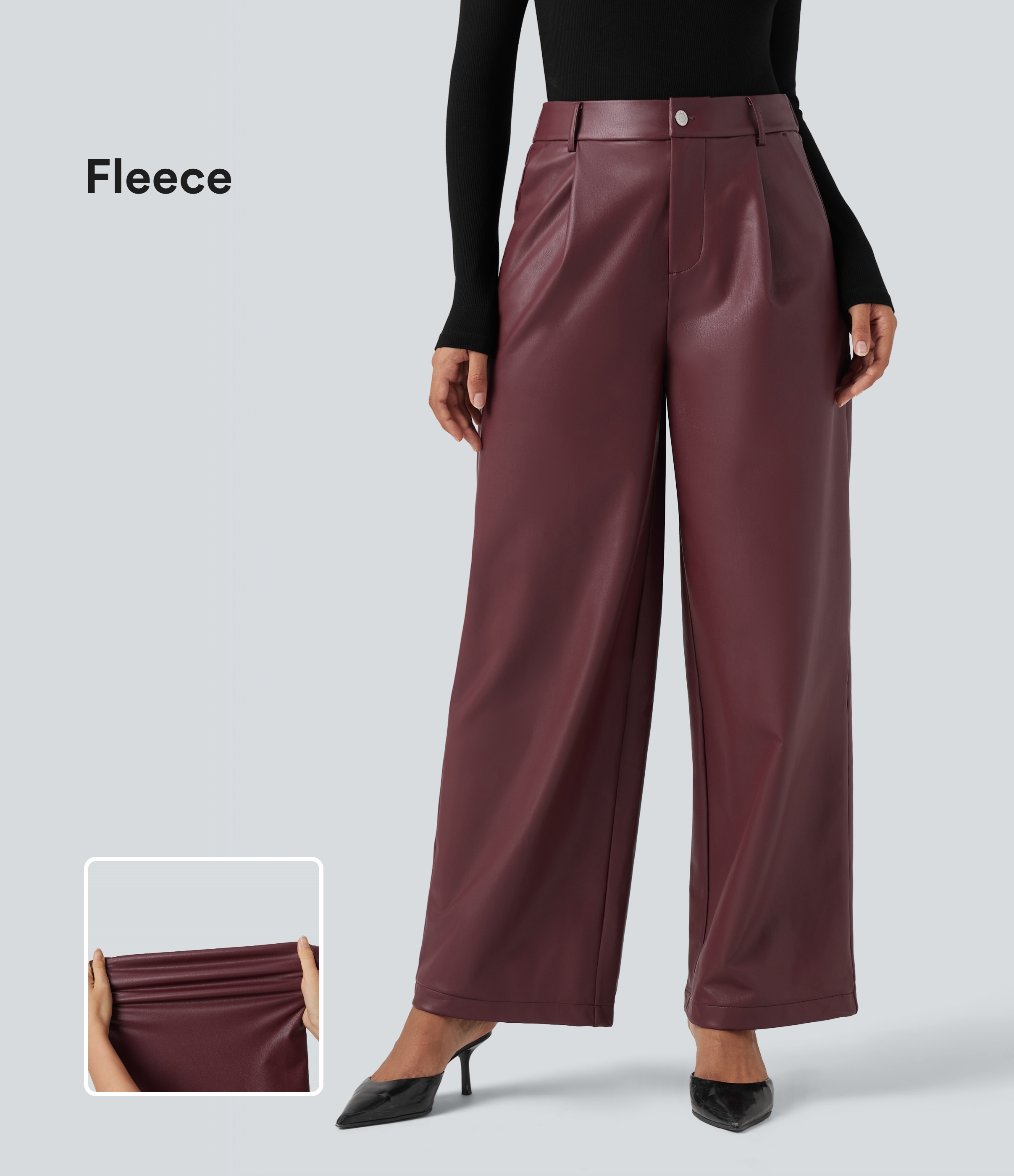 High Waisted Wide Leg Fleece Casual PU Leather Pants with Pockets