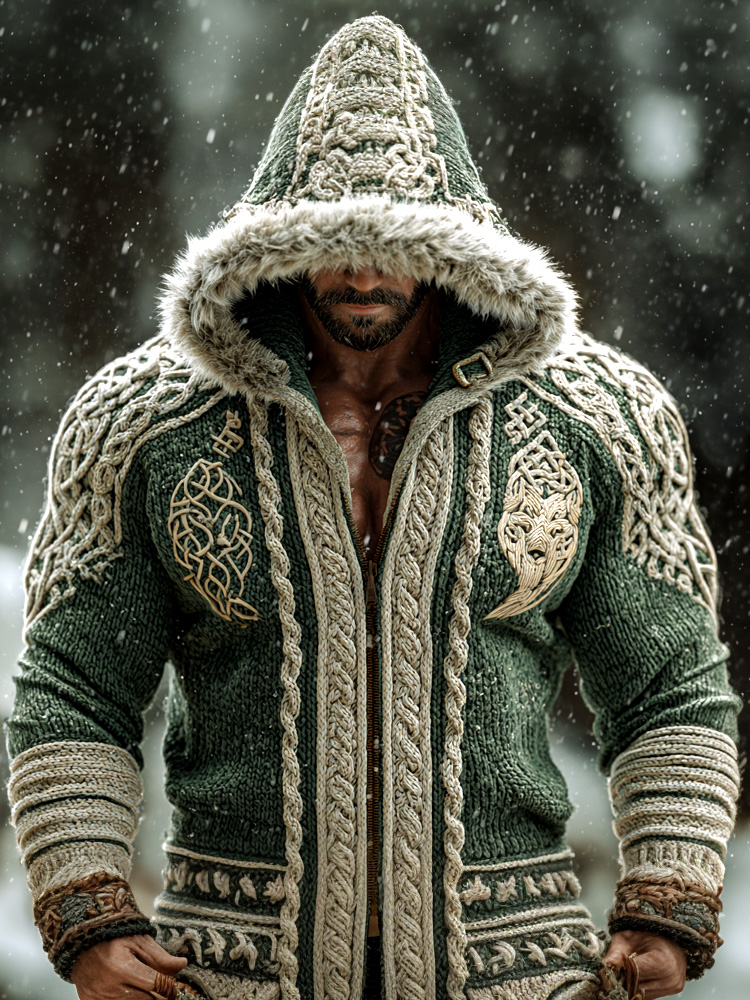 Men's Retro Viking Wolf Embroidered Print Hooded Jacket