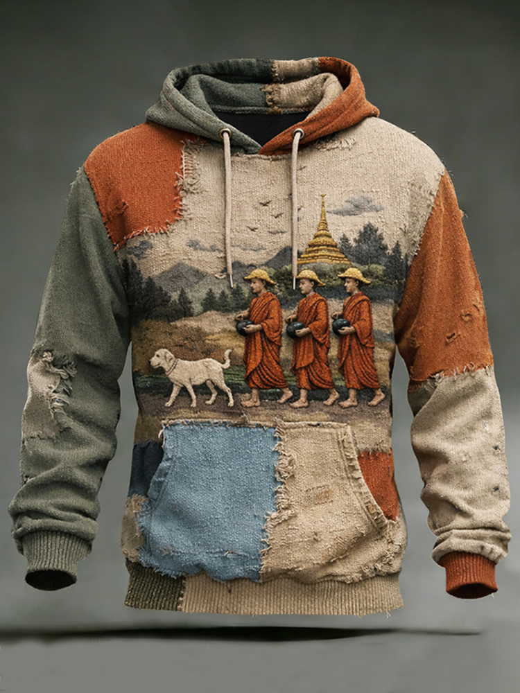 Retro Walk For Peace Monks With Aloka Dog Print Hooded Sweater