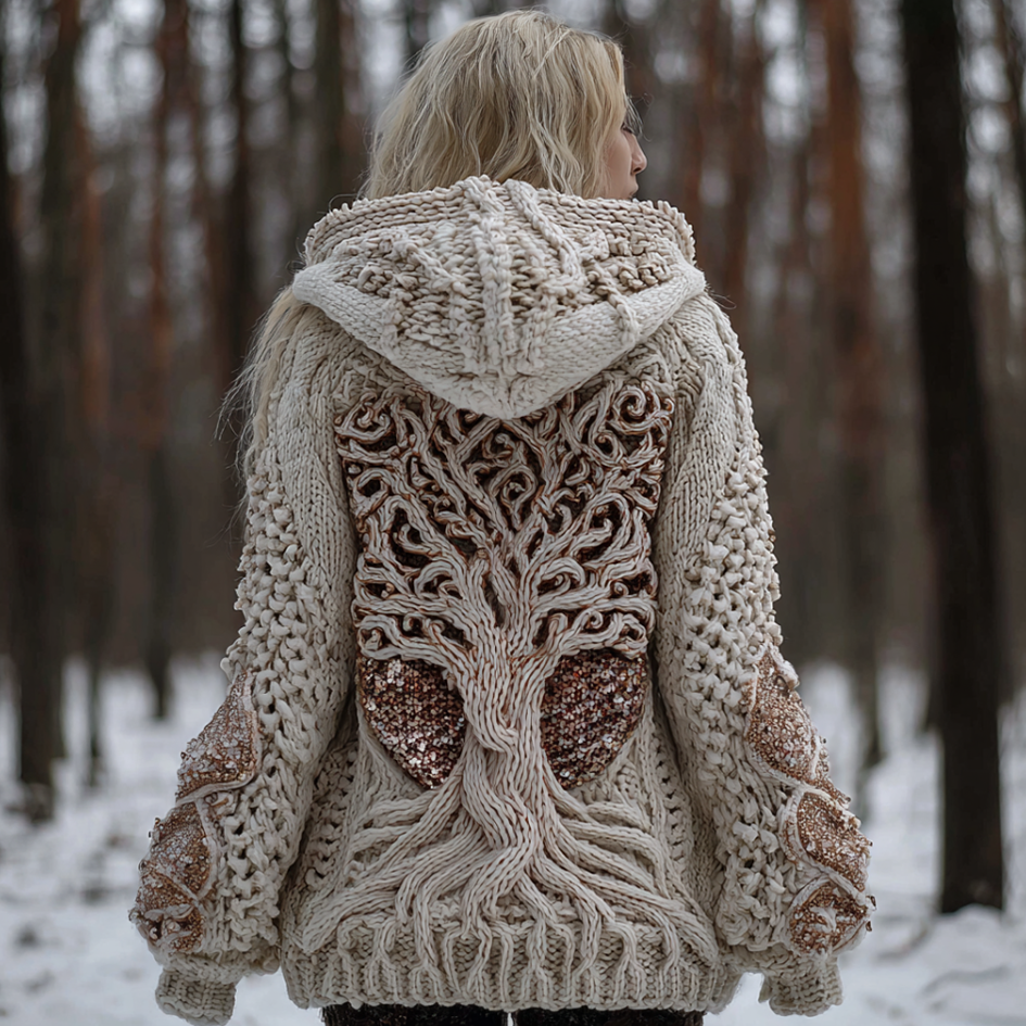 Viking Retro Style Women's Winter Warm Hooded Knit Sweater Jacket