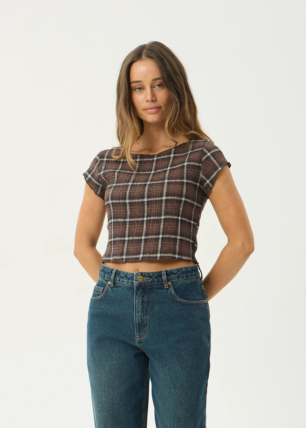 AFENDS Womens Darcy - Seersucker Top - Coffee Check