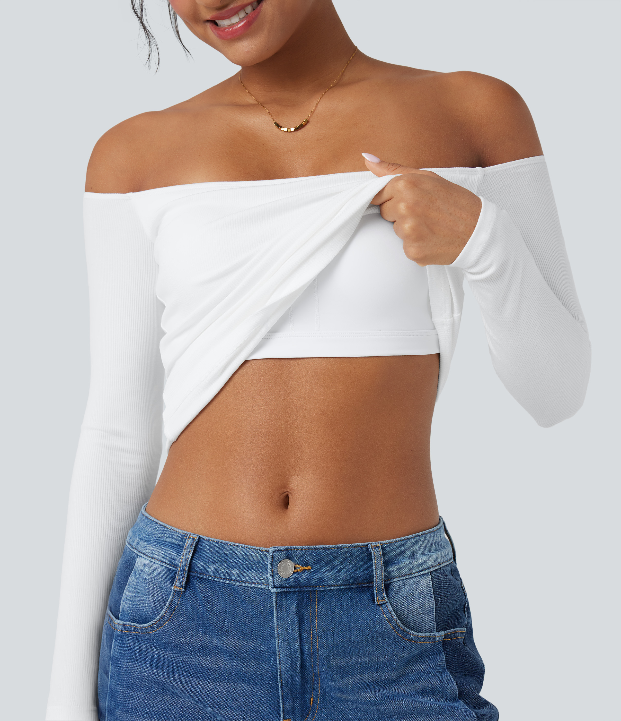 Ribbed Knit Off Shoulder Long Sleeve 2-in-1 Casual Top