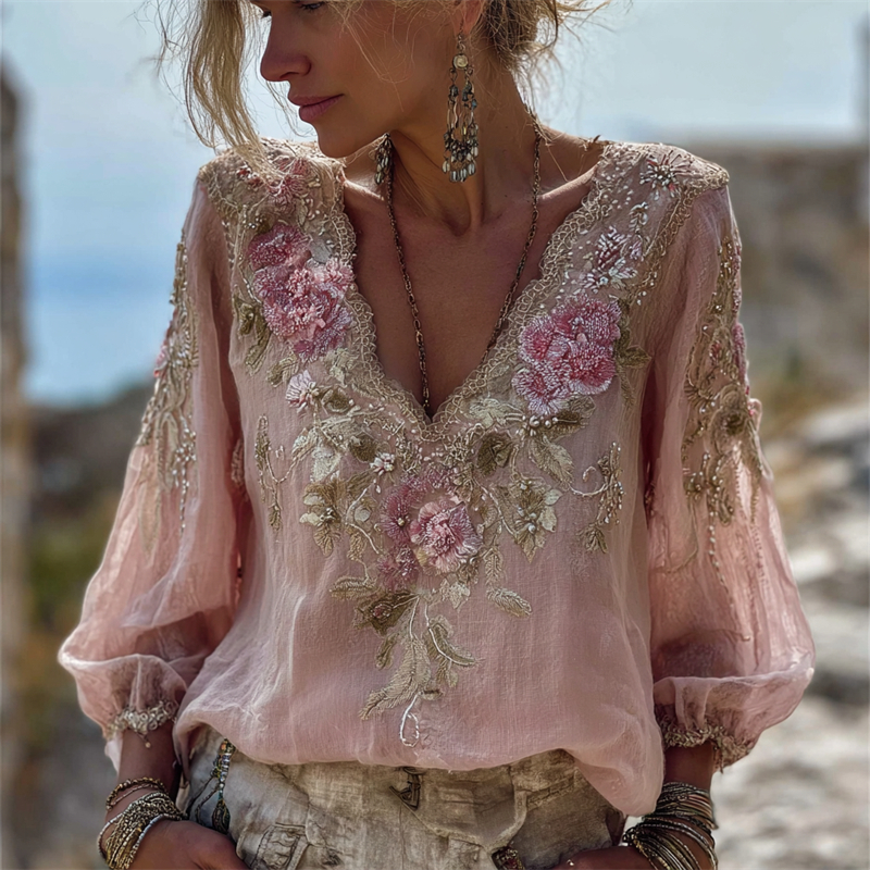 Boho Pink Floral Glitter Lace Flowy Linen Tunic