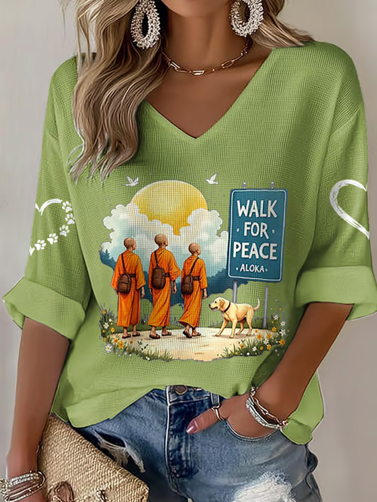 V-neck Retro Walk For Peace Monks With Aloka Dog Print T-shirt
