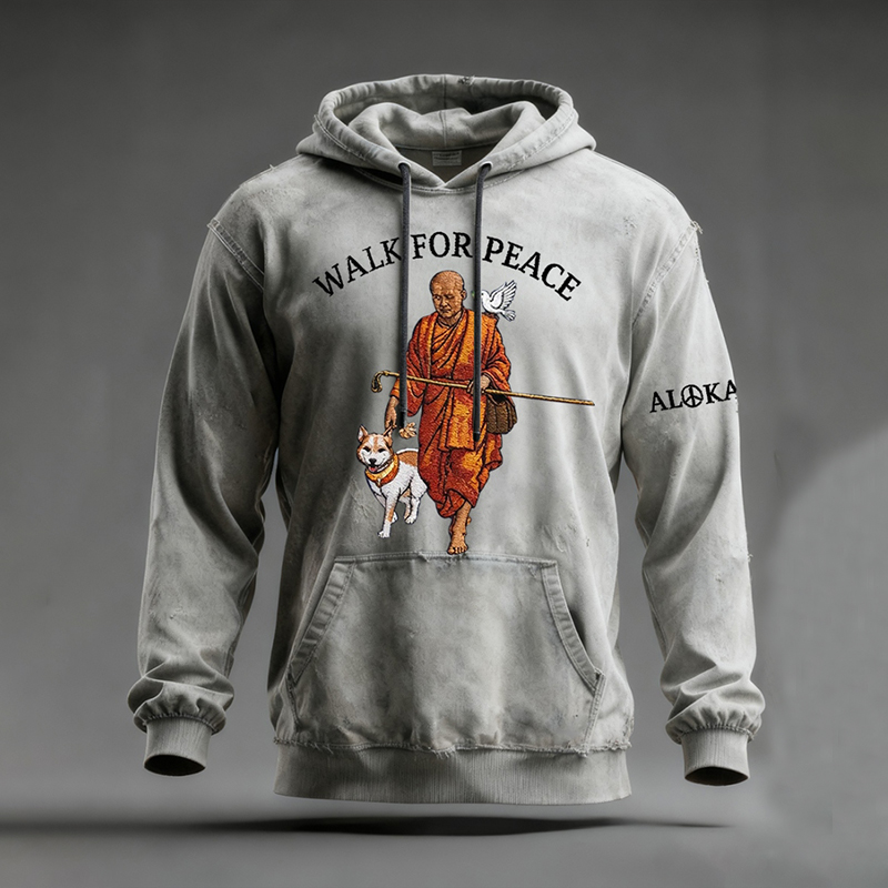 Men's Retro Walk For Peace Monks With Aloka Dog Print Casual Hoodie