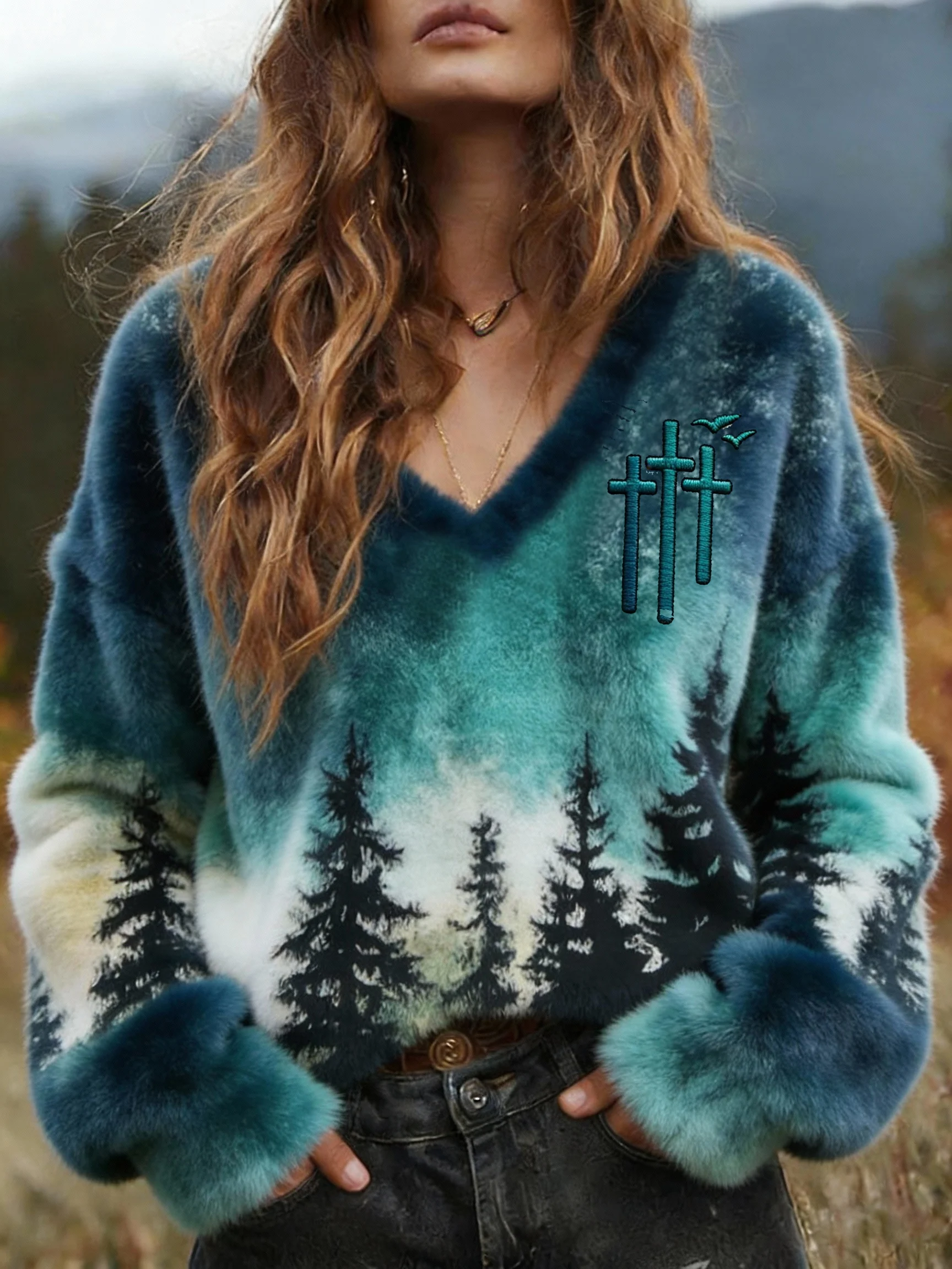 Women'S Faith-Inspired Cross Print Flannel V-Neck Top-Fast Shipping