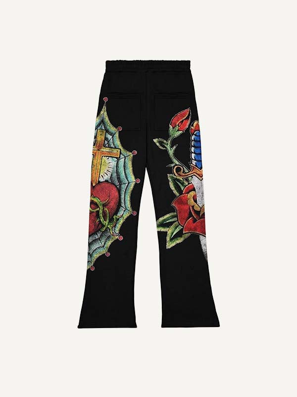 Heart&Cross&Sword&Floral Faux Decal Print Elastic Waist Pants