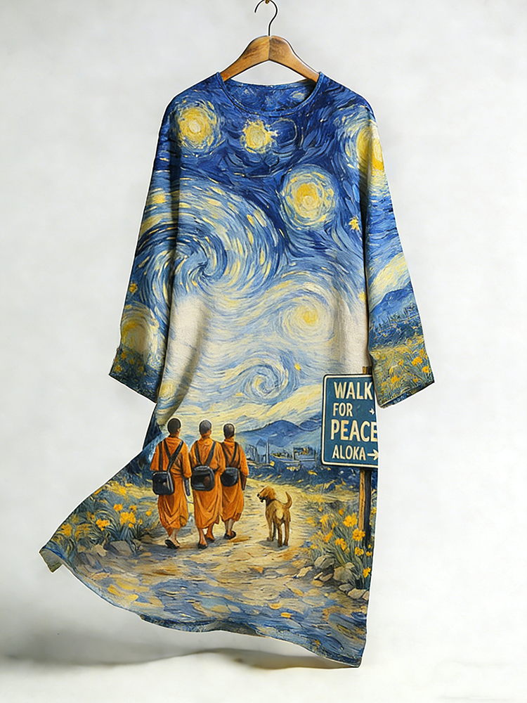 Starry Sky Peace Walk Art Print Linen Dress