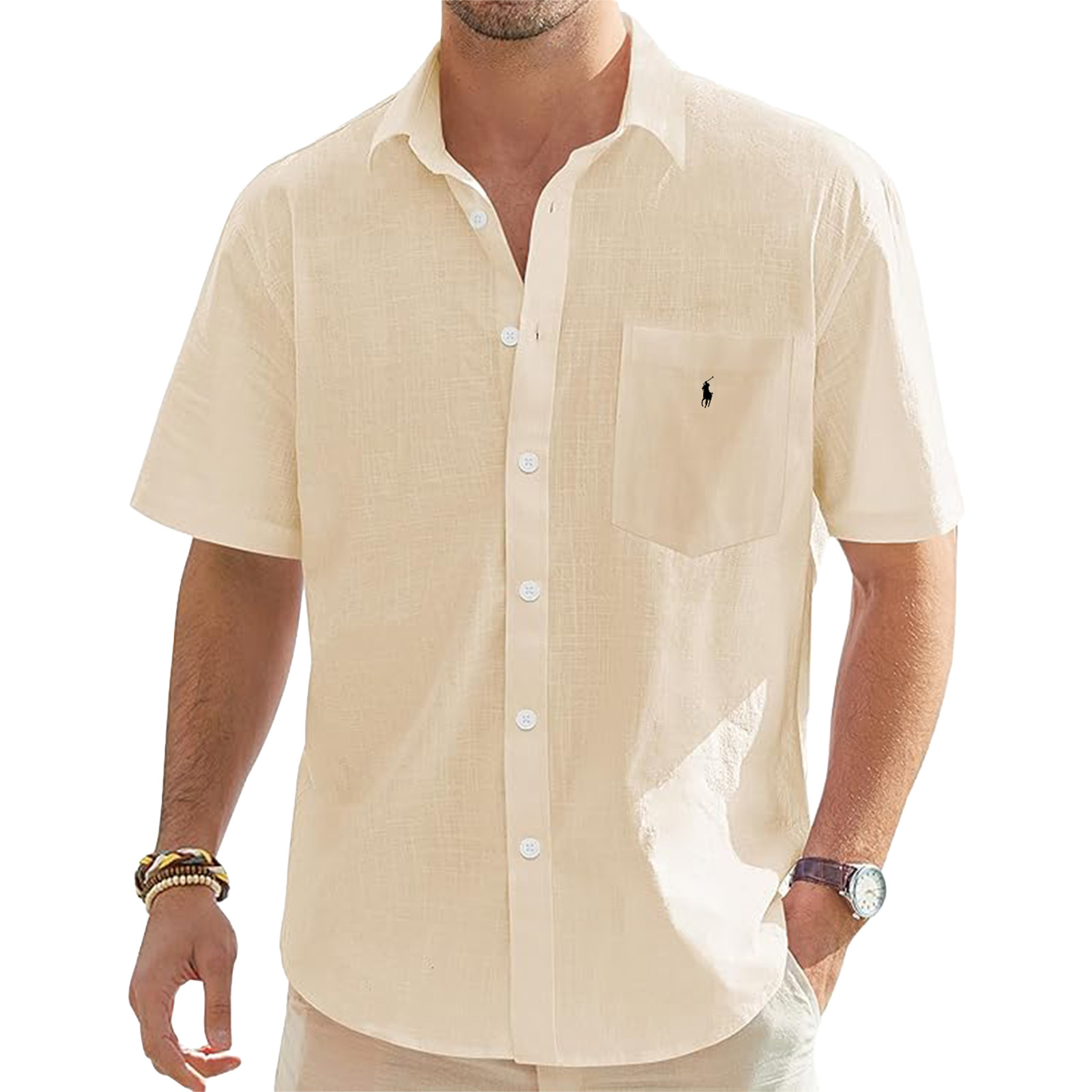 Men's Linen Short Sleeve Shirts Cotton Casual Lightweight Button Down Shirt