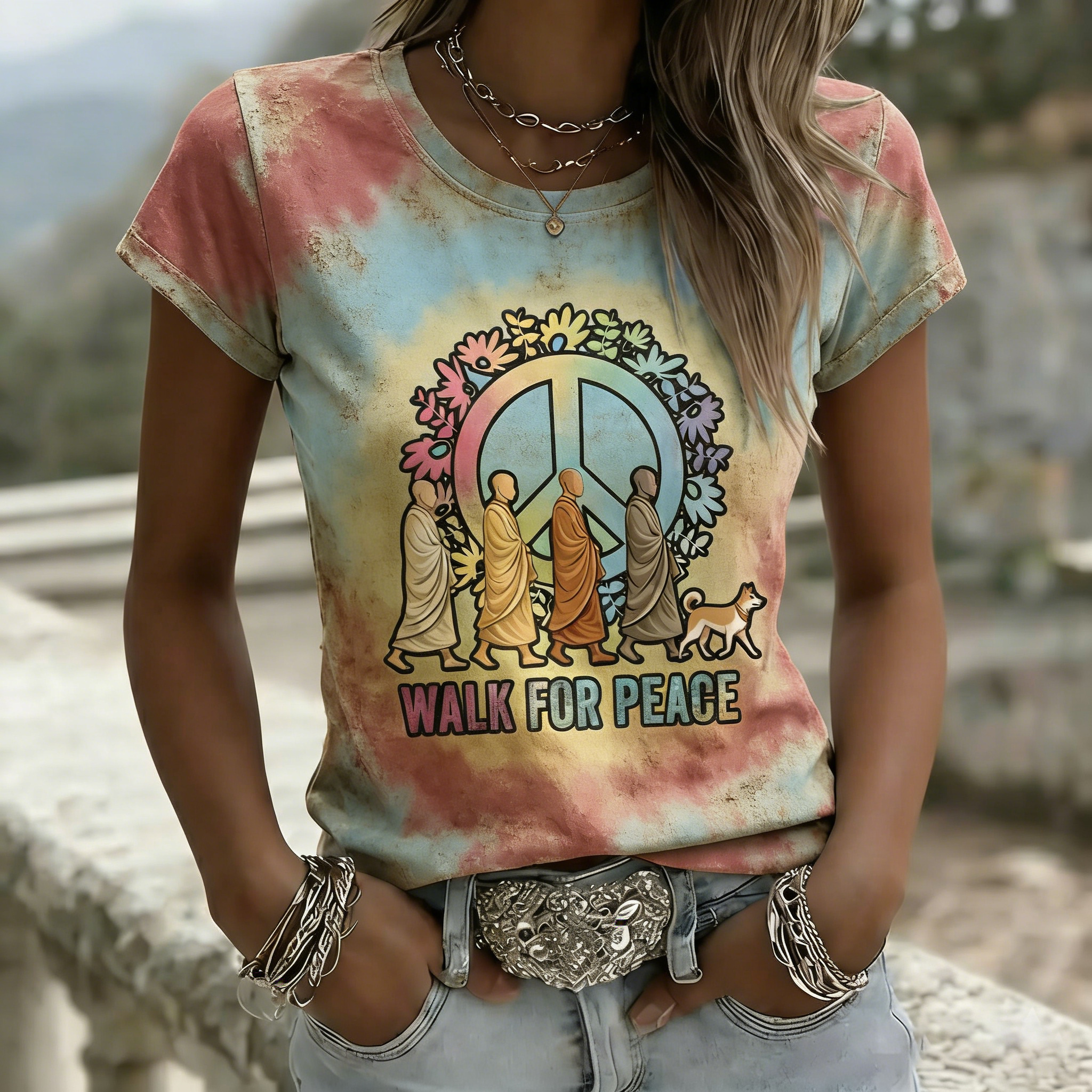 Walk For Peace Aloka Dog In Hippie Tie Dye Art Print T-shirt
