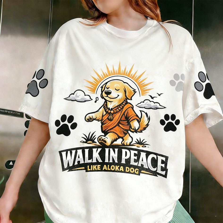 Walk In Peace Slogan Cute Dog Print Short-sleeve T-shirt