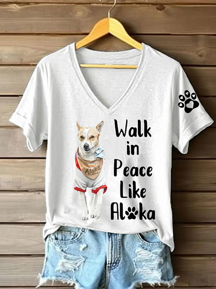 Women's Walk For Peace Monks With Aloka Dog Print V Neck T-shirt