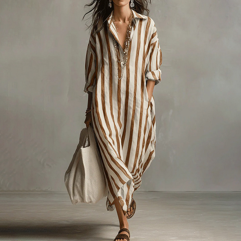 Women's Casual Striped Cotton Linen Maxi Shirt Dress