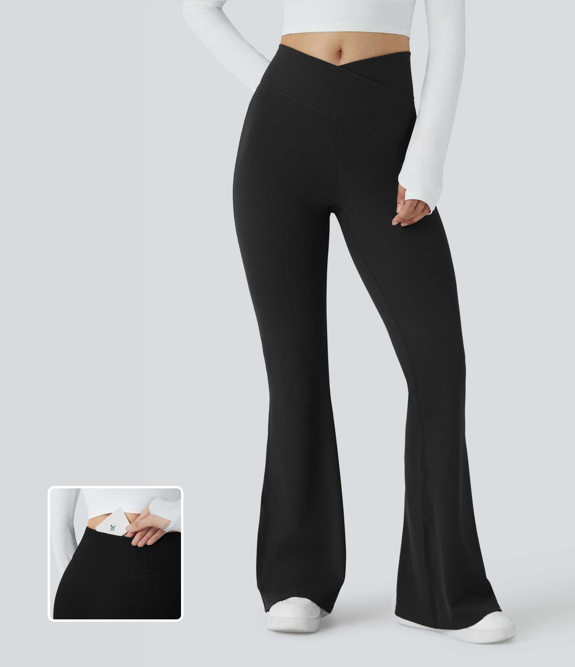 Crossover High Waisted Pocket Waffle Casual Flare Pants