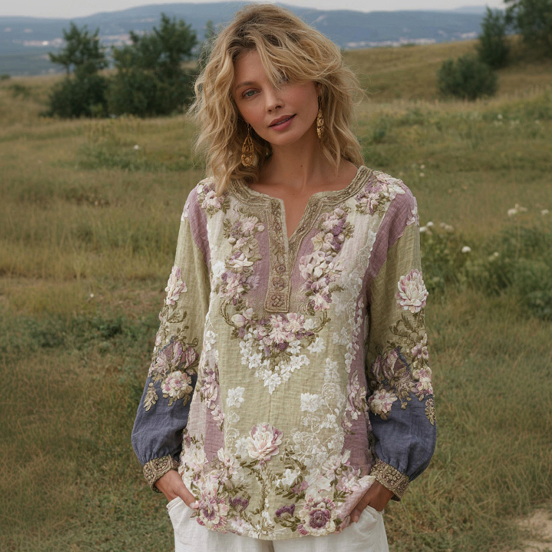 Women's Floral Embroidery Casual V-neck T-shirt