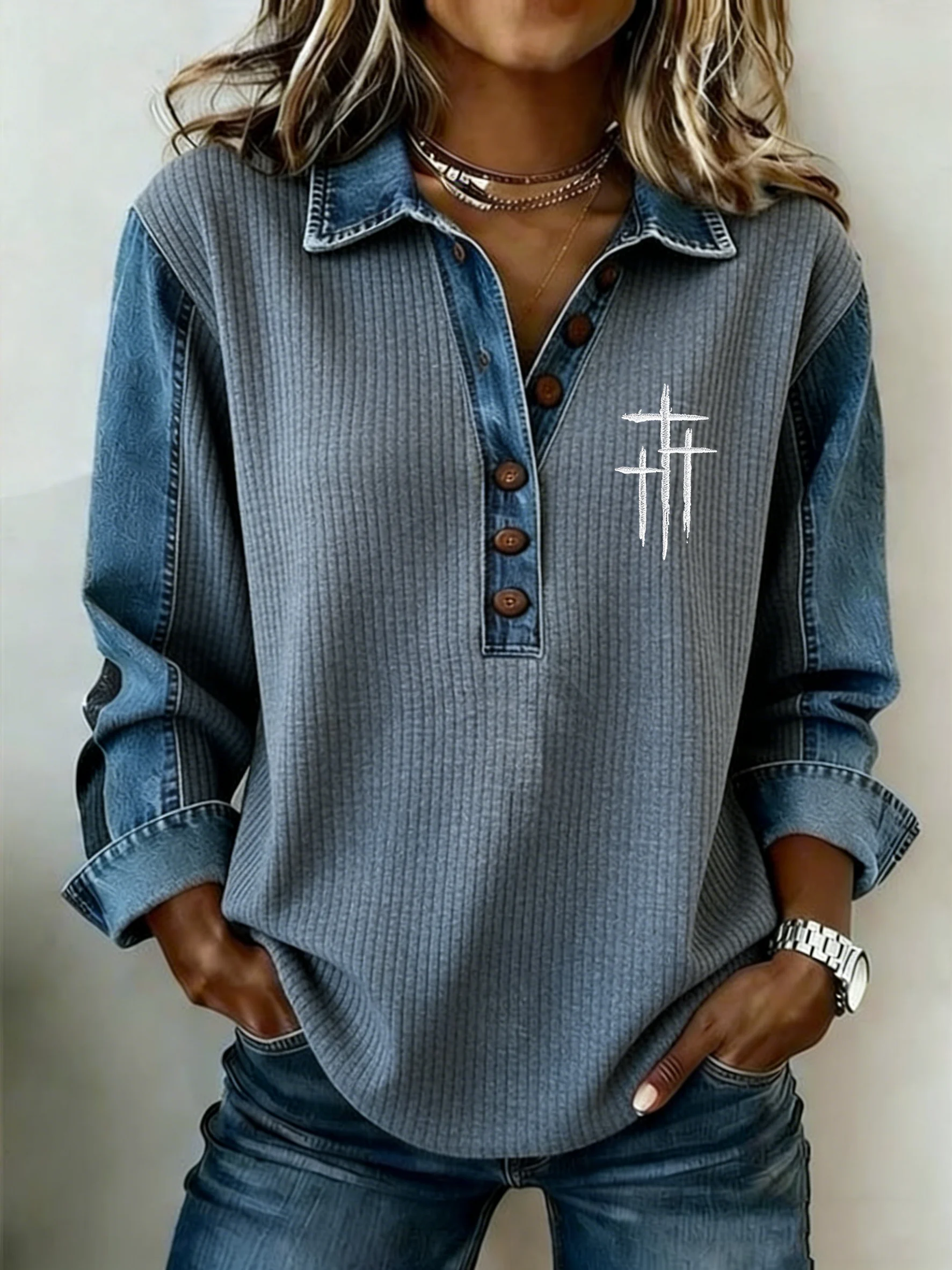 Women's Winter Fashion Casual Faux Denim Print Top-Fast Shipping