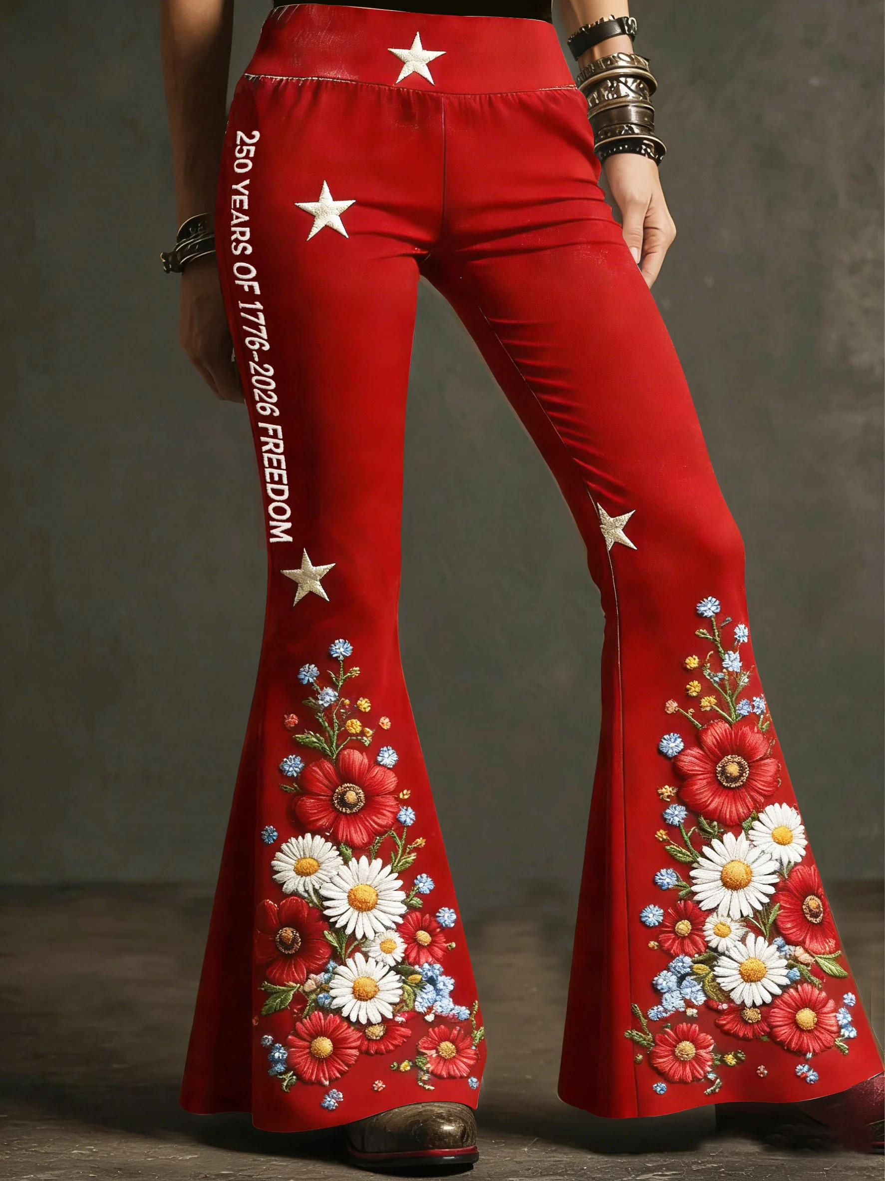 Women's patriotic flared trousers with flag print.