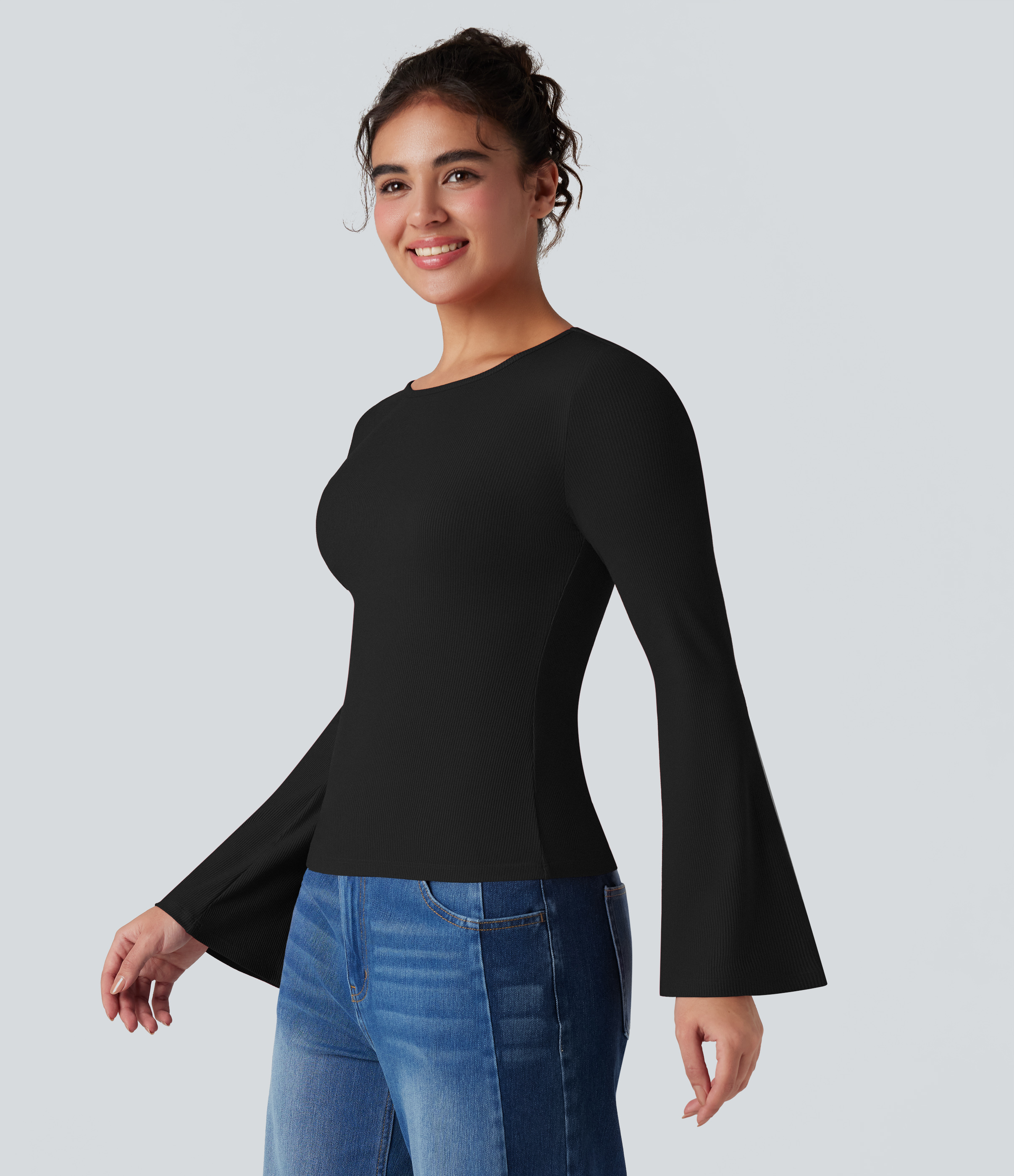 Ribbed Knit Round Neck Flounce Long Sleeve Casual Top