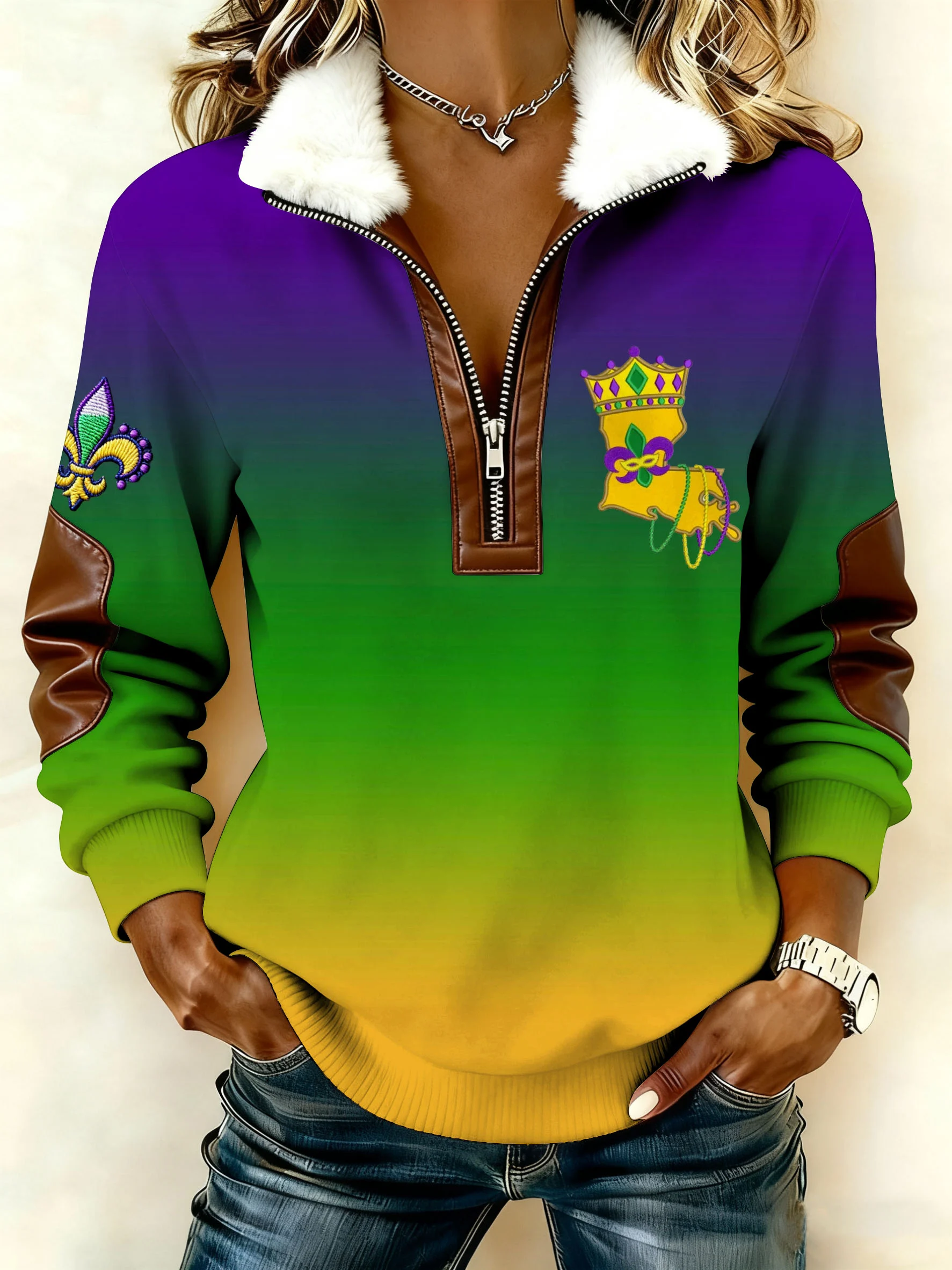 Women's Retro Mardi Gras Print Sweatshirt