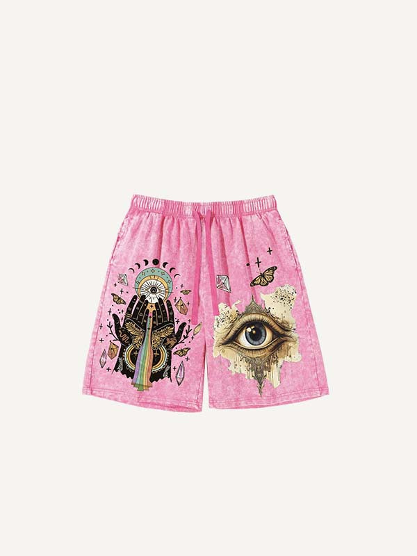 Distressed   Eye&Moon&Palm&Butterfly&Graphic Print Drawstring Waist Shorts