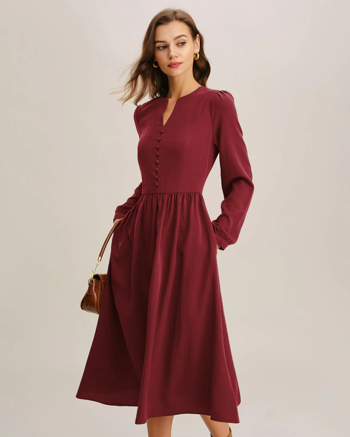 Red French Sleeve A-Line Midi Dress